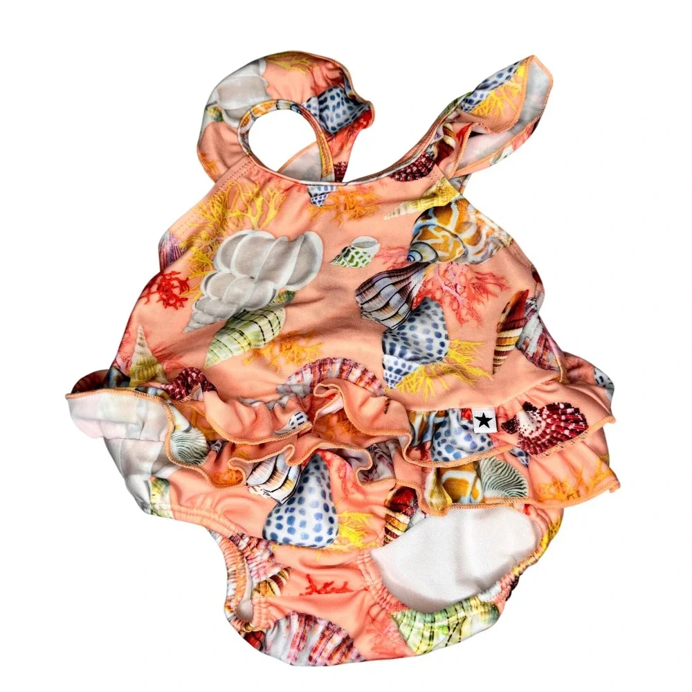Molo Baby Girl Nakia Sea Treasure One Piece Swimsuit Orange Seashell Ruffle 3-6M